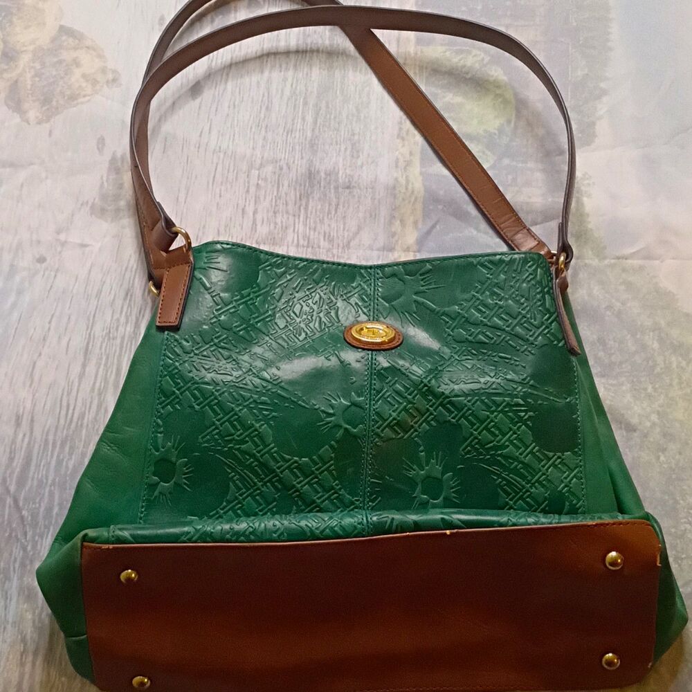 Tignanello Green Embossed Leather Shoulder Bag Brown Straps Tote Purse